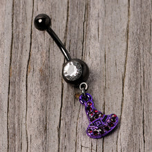 Load image into Gallery viewer, Clear Black Gem Black Purple Witch Hat Halloween Dangle Belly Ring