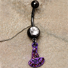 Load image into Gallery viewer, Clear Black Gem Black Purple Witch Hat Halloween Dangle Belly Ring