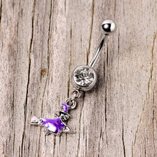 Load image into Gallery viewer, Clear Gem Blue Flying Witch Halloween Dangle Belly Ring