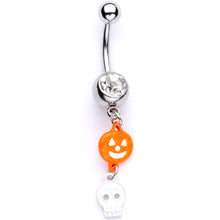 Load image into Gallery viewer, Clear Gem Orange Pumpkin Skull Halloween Dangle Belly Ring