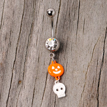 Load image into Gallery viewer, Clear Gem Orange Pumpkin Skull Halloween Dangle Belly Ring