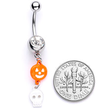 Load image into Gallery viewer, Clear Gem Orange Pumpkin Skull Halloween Dangle Belly Ring