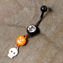 Load image into Gallery viewer, Clear Gem Black Orange Pumpkin Skull Halloween Dangle Belly Ring