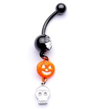Load image into Gallery viewer, Clear Gem Black Orange Pumpkin Skull Halloween Dangle Belly Ring