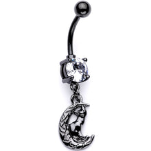 Load image into Gallery viewer, Clear CZ Gem Black Cat Moon Halloween Dangle Belly Ring