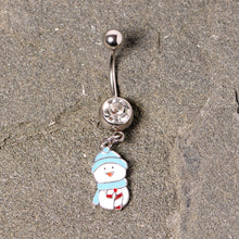 Load image into Gallery viewer, Clear Gem Blue Hat Snowman Winter Holiday Dangle Belly Ring