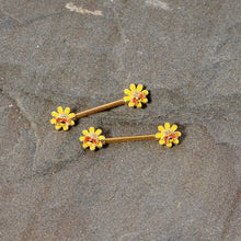 Load image into Gallery viewer, 14G 9/16 Yellow Red Gold Tone Bee Flower Barbell Nipple Ring Set