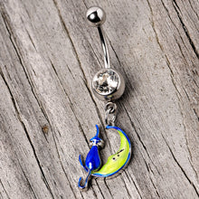 Load image into Gallery viewer, Clear Gem Blue Witch Cat Moon Halloween Dangle Belly Ring