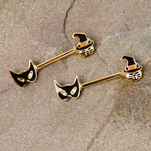 Load image into Gallery viewer, 14G 9/16 Gold Tone Witch Cat Halloween Barbell Nipple Ring Set