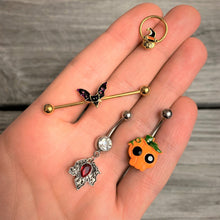 Load image into Gallery viewer, Black Gem Orange Pumpkin Jack O Lantern Halloween Belly Ring