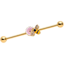 Load image into Gallery viewer, 14G Pink Clear Gem Gold Tone Bee Blossom Industrial Barbell 38mm