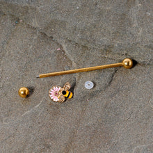 Load image into Gallery viewer, 14G Pink Clear Gem Gold Tone Bee Blossom Industrial Barbell 38mm