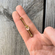 Load image into Gallery viewer, 14G Pink Clear Gem Gold Tone Bee Blossom Industrial Barbell 38mm