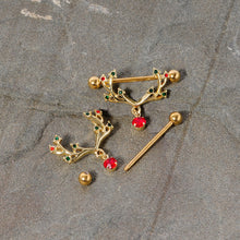 Load image into Gallery viewer, 14G 25mm Red Green Gem Reindeer Antler Holiday Nipple Shield Set