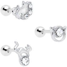 Load image into Gallery viewer, 16G 1/4 Clear Gem Cat Theme Cartilage Tragus Earring Set of 3