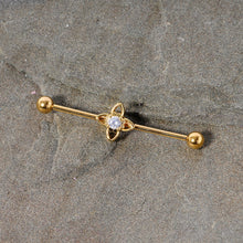 Load image into Gallery viewer, 14G Clear CZ Gem Gold Tone Open Flower Industrial Barbell 38mm