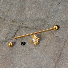Load image into Gallery viewer, 14G Clear CZ Gem Gold Tone Open Flower Industrial Barbell 38mm