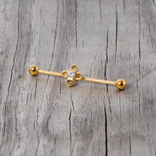 Load image into Gallery viewer, 14G Clear CZ Gem Gold Tone Open Flower Industrial Barbell 38mm