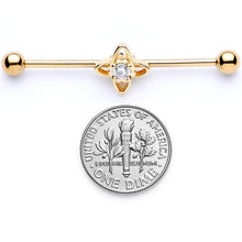 Load image into Gallery viewer, 14G Clear CZ Gem Gold Tone Open Flower Industrial Barbell 38mm