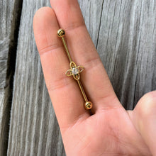 Load image into Gallery viewer, 14G Clear CZ Gem Gold Tone Open Flower Industrial Barbell 38mm