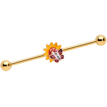 Load image into Gallery viewer, 14G Gold Tone Red Yellow Butterfly Flower Industrial Barbell 38mm