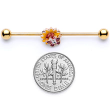 Load image into Gallery viewer, 14G Gold Tone Red Yellow Butterfly Flower Industrial Barbell 38mm