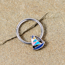 Load image into Gallery viewer, 16G 3/8 Black Gem Pink Teal Nautical Sailboat Hinged Segment Ring