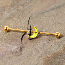 Load image into Gallery viewer, 14G Gold Tone Black Cat Moon Halloween Industrial Barbell 38mm