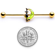 Load image into Gallery viewer, 14G Gold Tone Black Cat Moon Halloween Industrial Barbell 38mm