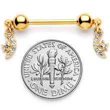Load image into Gallery viewer, 14G 9/16 Clear Gem Gold Tone Moon Dangle Barbell Nipple Ring Set