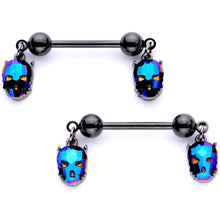 Load image into Gallery viewer, 14G 9/16 Blue Gem Sugar Skull Halloween Dangle Nipple Ring Set