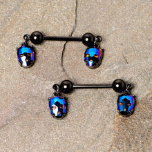 Load image into Gallery viewer, 14G 9/16 Blue Gem Sugar Skull Halloween Dangle Nipple Ring Set