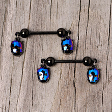 Load image into Gallery viewer, 14G 9/16 Blue Gem Sugar Skull Halloween Dangle Nipple Ring Set