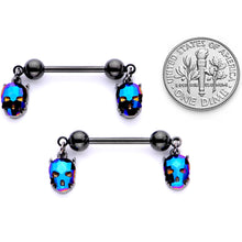 Load image into Gallery viewer, 14G 9/16 Blue Gem Sugar Skull Halloween Dangle Nipple Ring Set