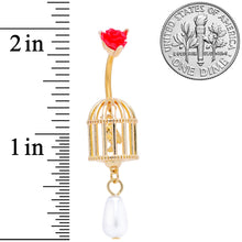 Load image into Gallery viewer, Red Flower Gold Tone Birdcage Dangle Belly Ring