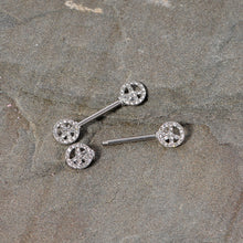 Load image into Gallery viewer, 14G 9/16 Clear Gem Retro Peace Sign Barbell Nipple Ring Set