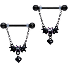 Load image into Gallery viewer, 14G 5/8 Clear Gem Black Bat Halloween Dangle Nipple Ring Set