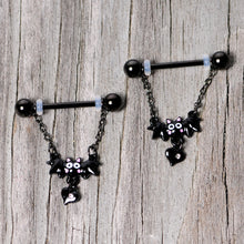 Load image into Gallery viewer, 14G 5/8 Clear Gem Black Bat Halloween Dangle Nipple Ring Set