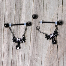 Load image into Gallery viewer, 14G 5/8 Clear Gem Black Bat Halloween Dangle Nipple Ring Set