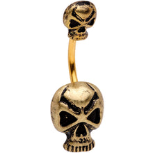 Load image into Gallery viewer, Gold Tone Scary Double Skull Halloween Double Mount Belly Ring