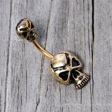 Load image into Gallery viewer, Gold Tone Scary Double Skull Halloween Double Mount Belly Ring