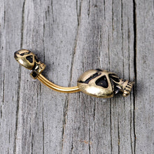 Load image into Gallery viewer, Gold Tone Scary Double Skull Halloween Double Mount Belly Ring