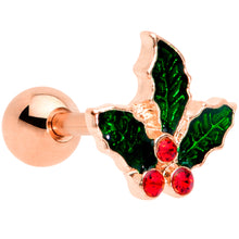 Load image into Gallery viewer, 16G 1/4 Red Gem Rose Tone Mistletoe Christmas Cartilage Tragus