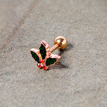 Load image into Gallery viewer, 16G 1/4 Red Gem Rose Tone Mistletoe Christmas Cartilage Tragus