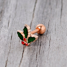 Load image into Gallery viewer, 16G 1/4 Red Gem Rose Tone Mistletoe Christmas Cartilage Tragus