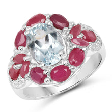 Load image into Gallery viewer, 3.54 Carat Genuine Aquamarine, Ruby and White Topaz .925 Sterling Silver Ring