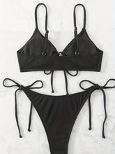 Load image into Gallery viewer, Bikini Solid Rib Knit 2 Piece Swimsuit – Ring Link Tie Front Triangle Bikini Set for Women – Hollow Out High Stretch V-Neck Top with Tie Side Bottoms – Trendy Beach & Pool Swimwear for Summer