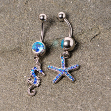 Load image into Gallery viewer, Blue Gem Starfish Seahorse Nautical Dangle Belly Ring Set of 2
