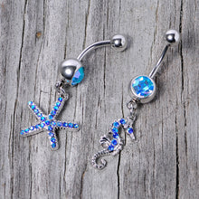 Load image into Gallery viewer, Blue Gem Starfish Seahorse Nautical Dangle Belly Ring Set of 2