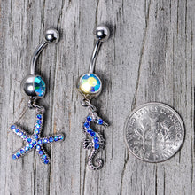 Load image into Gallery viewer, Blue Gem Starfish Seahorse Nautical Dangle Belly Ring Set of 2